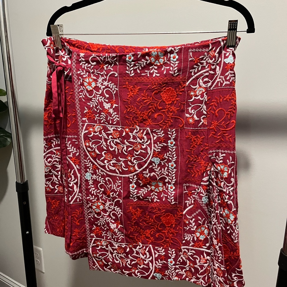 Anthropologie Red embroidered wrap skirt